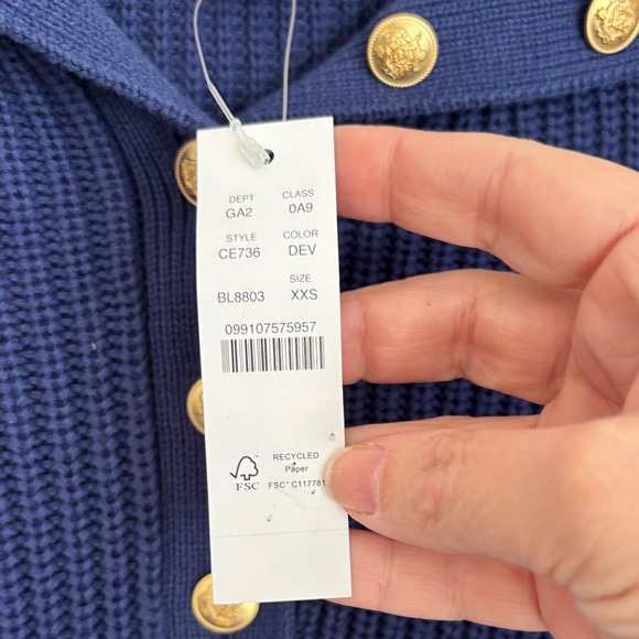 J. Crew Women’s Ribbed cotton button collar navy gold chunky knit boxy XXS NWT - Picture 8 of 12